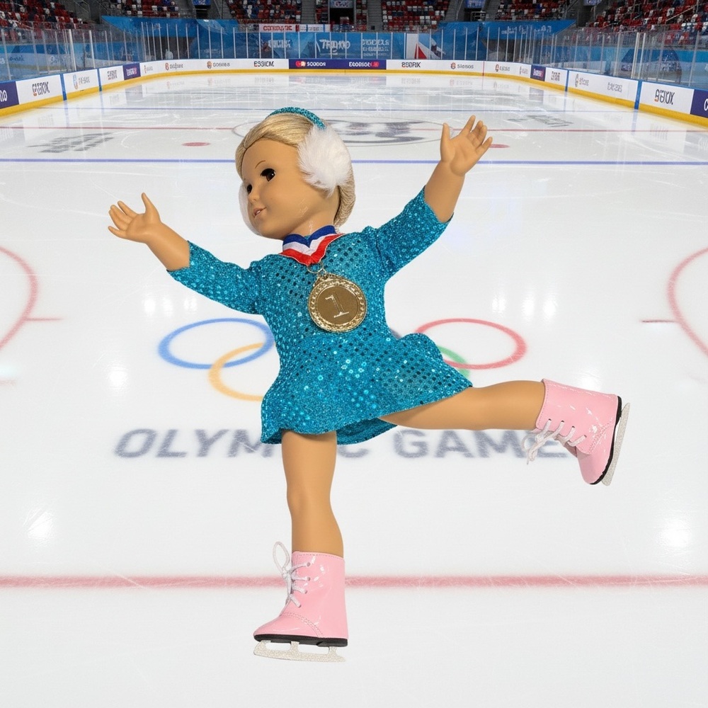 Ice Skating Doll with Blue Dress and Pink Skates